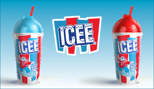 Two ICEE beverages beside the ICEE logo